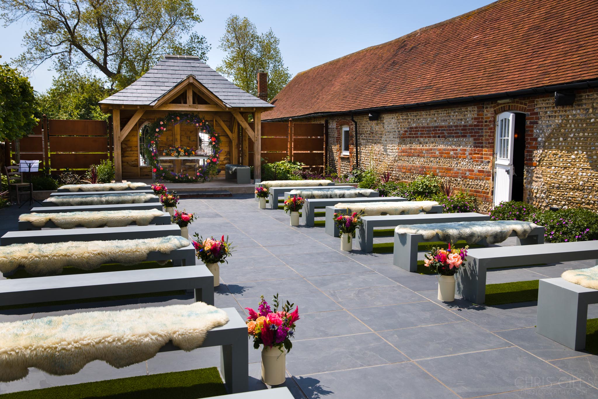 The outdoor ceremony area at Southend Barns